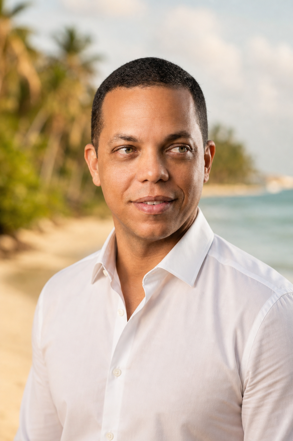 Erick Ramon usando camisa branca diante de uma praia de Maceió